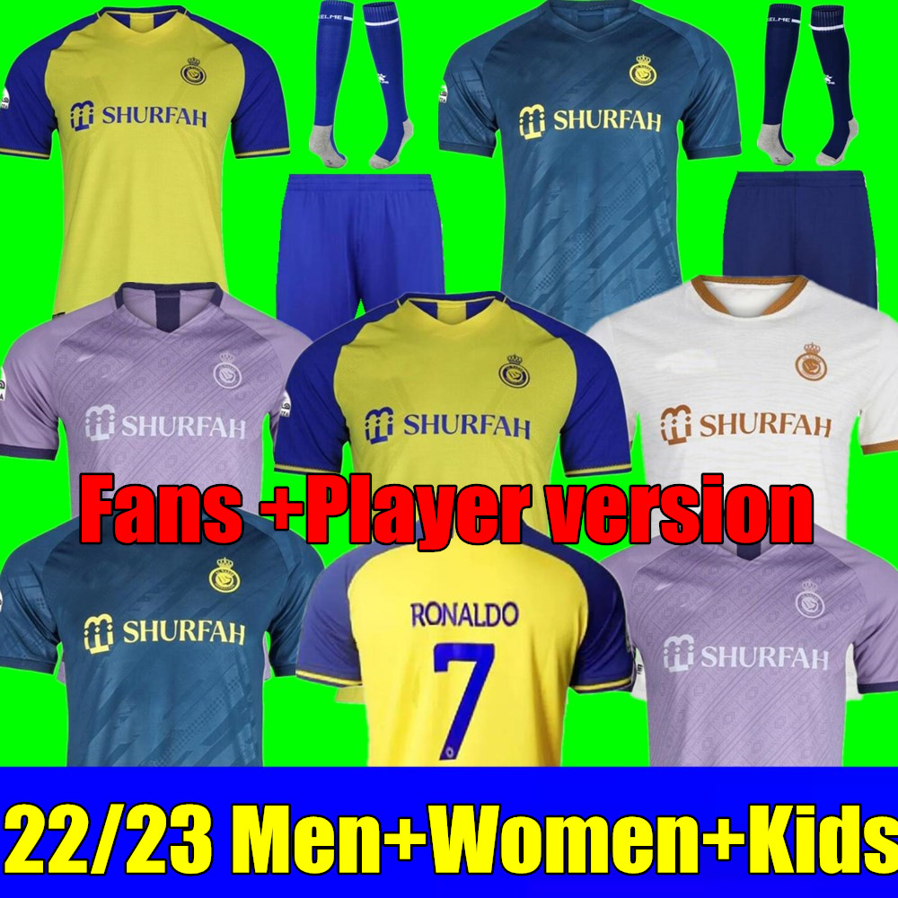 

22 23 Al Nassr FC soccer Jerseys Ronaldo 2022 2023 Home yellow away 22 23 CR7 Gonzalo Martinez Talisca women FANS player version men kids kit Football shiirt Al-Nassr, Adult 4th