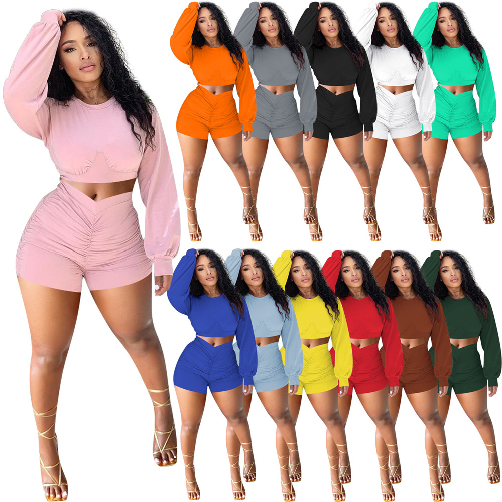 

Spring Autumn Tracksuits Women Outfits Plus size 2XL Long Sleeve Pullover Crop Top and Shorts Two Piece Sets Casual Workout Sportswear Solid Sweatsuits 8553, Army green