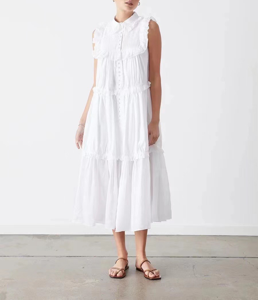 

2023 cotton midi dress casual lapel falbala white Loose sleeveless