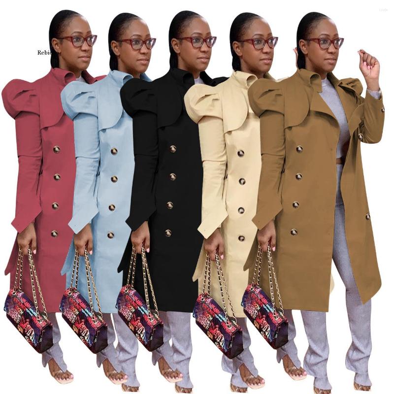 

Women' Trench Coats Khaki Double Breasted Classic Women Coat Elegant Long Puff Sleeve Loose Windbreaker High Street Female Slim Outwear, Black