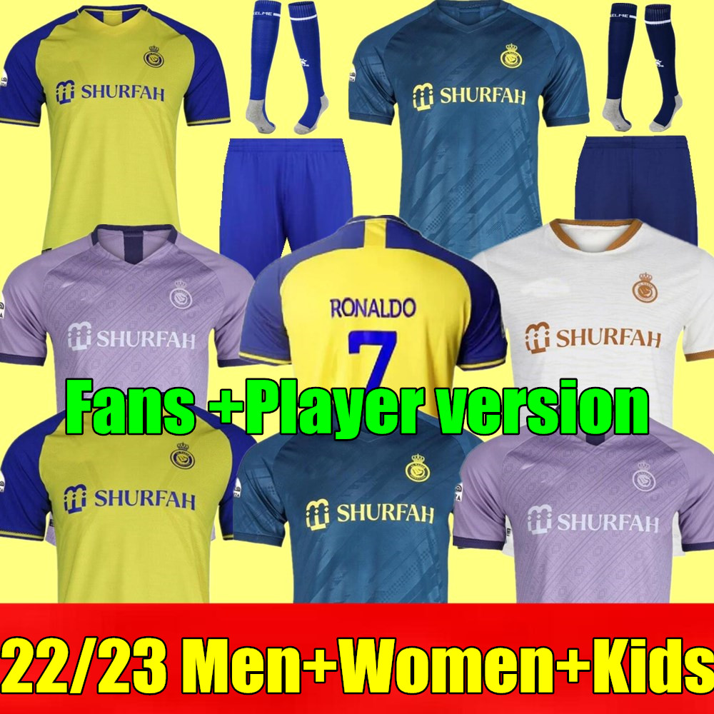 

22 23 Al Nassr FC soccer Jerseys Ronaldo 2022 2023 Home yellow away 22 23 CR7 Gonzalo Martinez Talisca women FANS player version men kids kit Football shiirt Al-Nassr, Women home+league patch