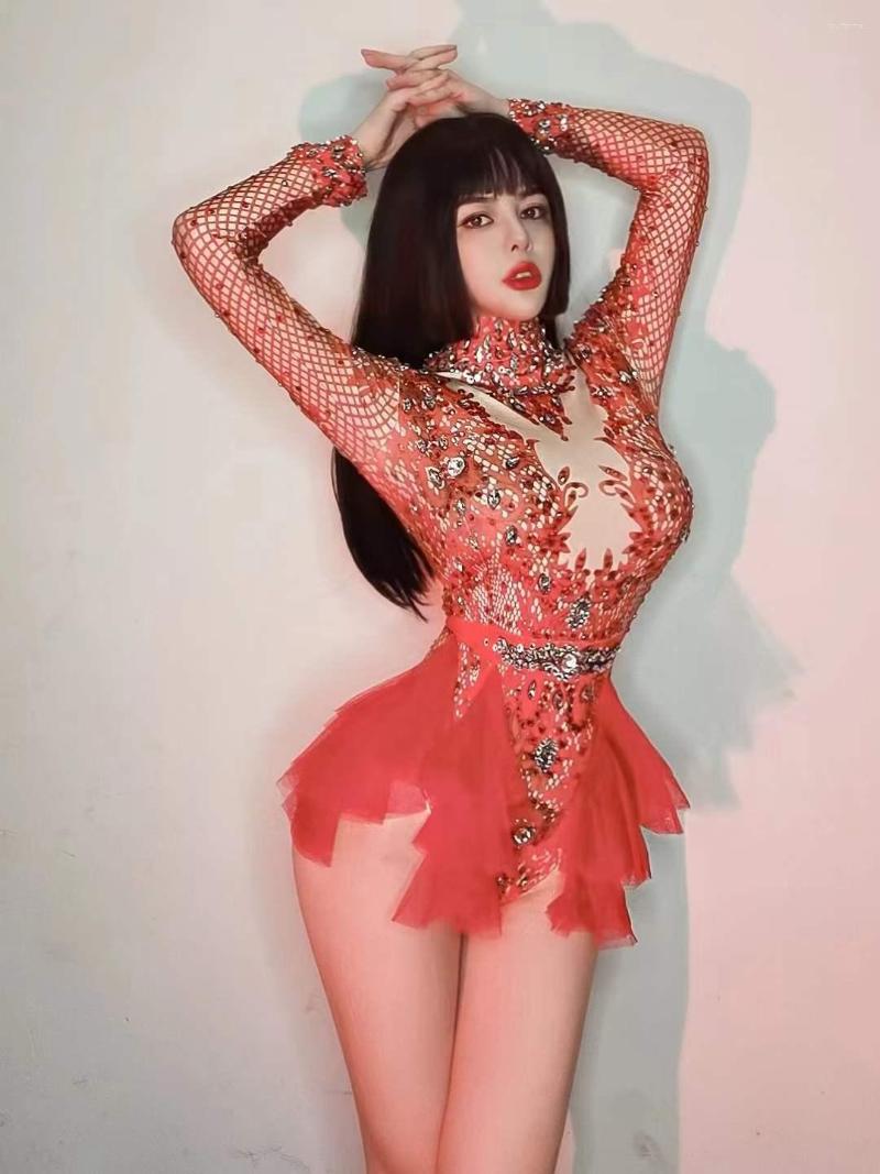 

Stage Wear Drag Queen Bodysuits Dance Singer Mesh Leotard Women Long Sleeve Red Rhinestone Stretch  Birthday, Purple