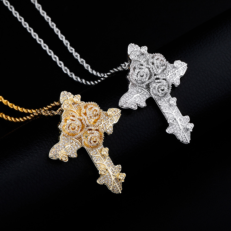 Bling Diamond Stone Rose Flower Cross Pendants Necklace Jewelry Real 14K Gold Plated Lover Gift Couple Religious Jewelry Valentine's Day