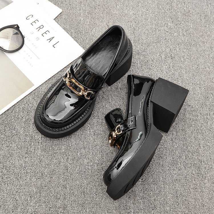 

Dress Shoes Thick soled PU high rise small leather shoes for women new British style one foot college style, Black4