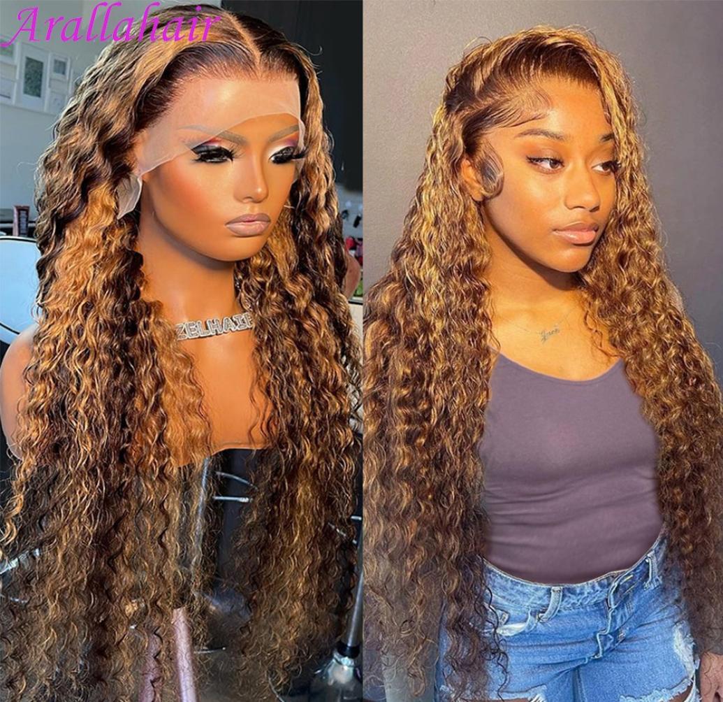 

Honey Blonde Deep Curly Lace Front Wig for Black Women Brazilian Human Hair Highlight Curly 13x4 Frontal Wig HD Transparent Synthe9592525