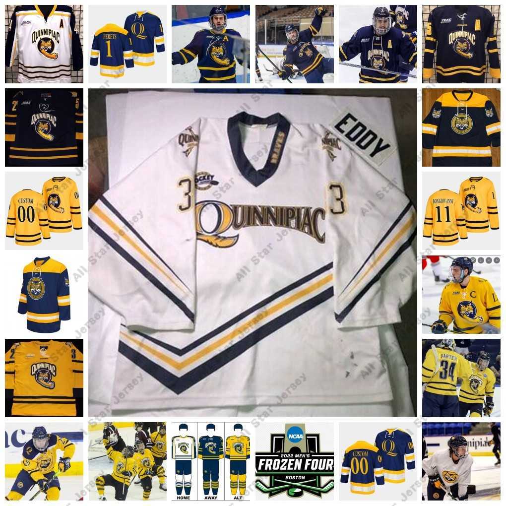 

College Hockey Wears 2022 NCAA Frozen Four Custom QU Quinnipiac Bobcats Hockey Jersey 6 Devon Toews 4 Connor Clifton 11 Wyatt Bongiovanni 11 Bryan Leitch 8 Chris, Navy 6