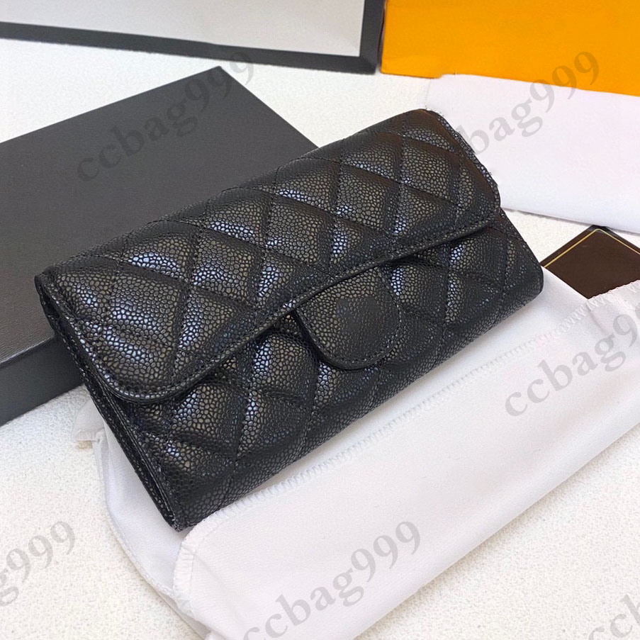 

Designer Long Flap Wallets Lambskin Caviar Quilted Vintage Black Double Fold Coins Purse Women Classic Gold Hardware Multi Pocket Card Holder Clutch Bags 19x10CM