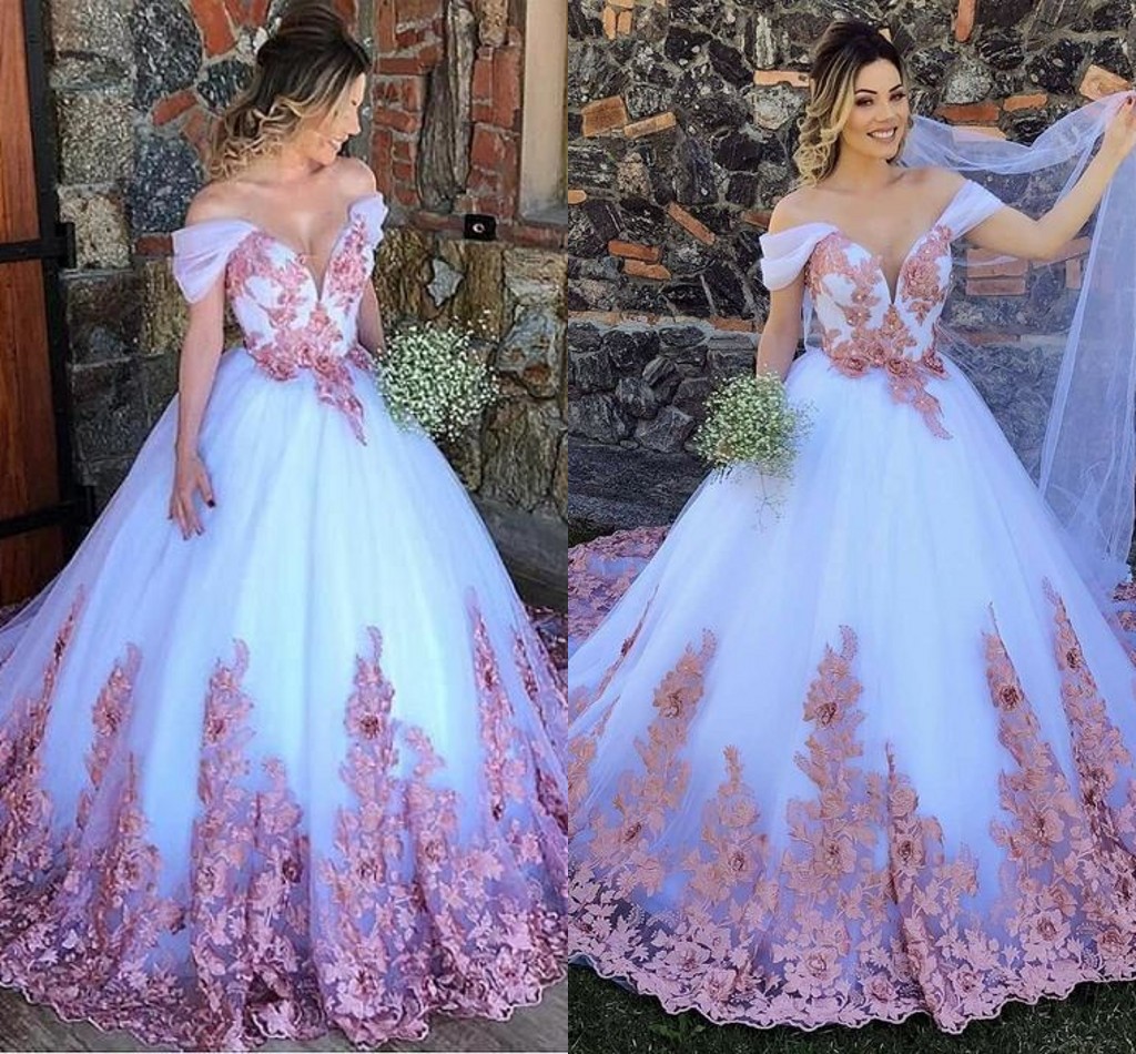 

2023 Modest Pink Floral Lace Wedding Dresses Princess A-line Off The Shoulder Bridal Dress For Bride Long Train Vestiods De Festia, Silver