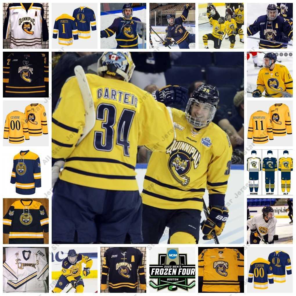 

College Hockey Wears 2022 NCAA Frozen Four Custom QU Quinnipiac Bobcats Hockey Jersey 28 Liam McLinskey Jerseys 29 Cristophe Tellier 30 Dylan St. Cyr 31 Noah, Retro gold