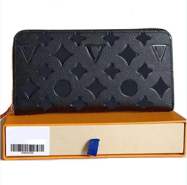 

Fashion Women Clutch Wallet Embossed Black Flower Genuine Leather Wallet Single Zipper Wallets Lady Ladies Long Classical Purse with orange Box Card 60017, Coffer grid