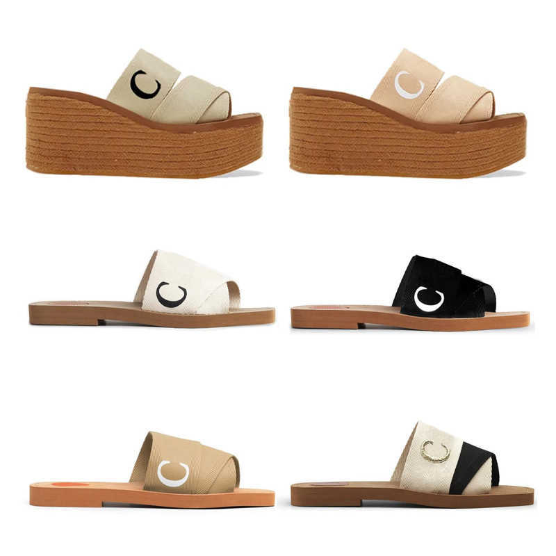 

Women Slippers Designer Woody Flat Mules Sandals Slides Sail Printing Letter Canvas White Black Platform Espadrille Women Outdoor Beach Slipper Shoes NO312, Color 4