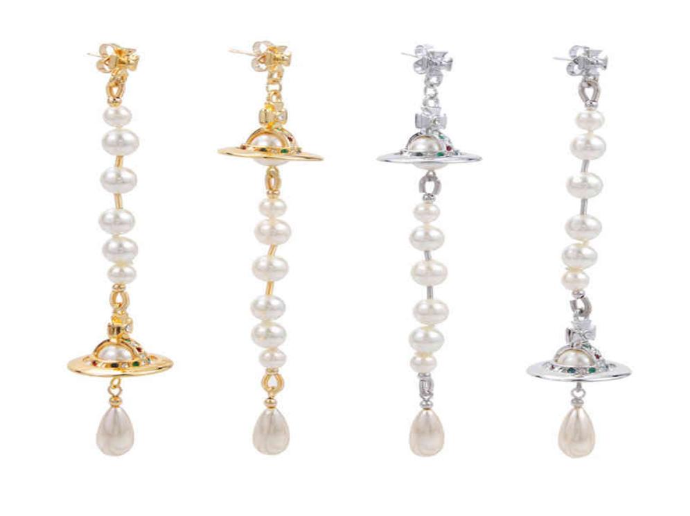 

European and American punk style Environmentally friendly copper Asymmetric Pearl Cubist Planet Long Earrings7178339