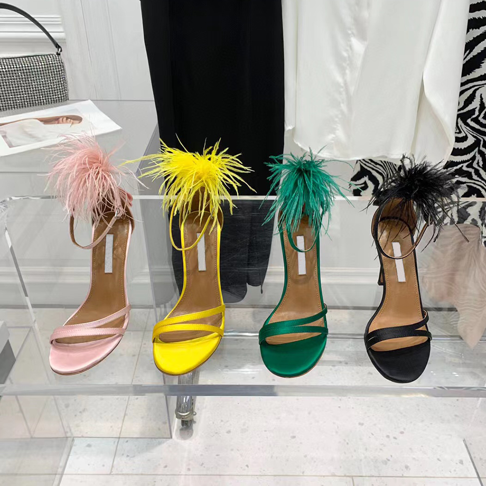 

AQUAZZURA Newfeather Embellishment stiletto Heels sandals Evening shoes100mm Silk Ankle band women summer Luxury Designers shoes with box, Black