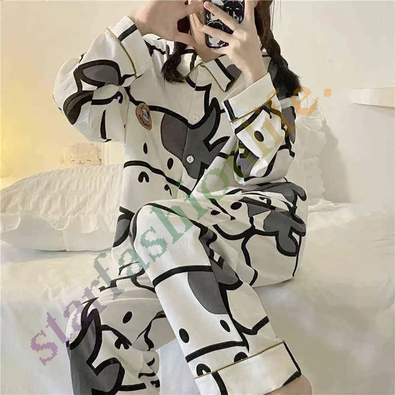 

home apparel QWEEK Cow Print Pajamas Two Piece Set Autumn Pijamas Women Cotton Cute Home Clothes Pyjamas Sleepwear Japanese Style Kawaii 211211217q