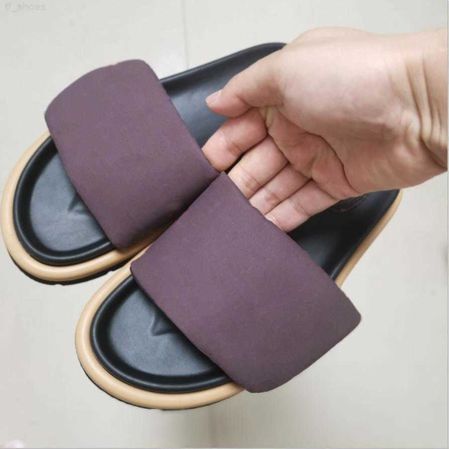 

2023 Women Pool Pillow Comfort Slipper Lady Nylon Down Strap Mule Anatomic Insole Designer Men Leather Flat Rubber Outsole Slide Sandal, Brown