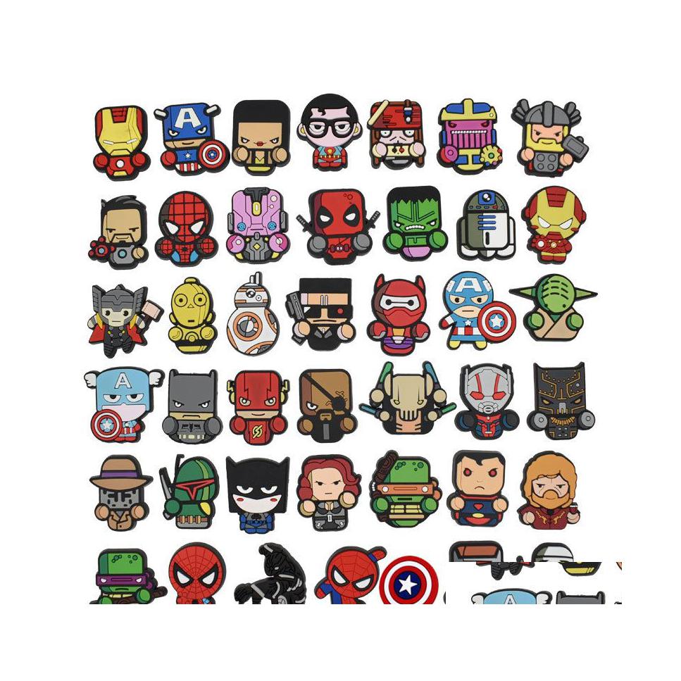 

Shoe Parts Accessories Charms Wholesale Cute Hero Cartoon Croc Pvc Decoration Buckle Soft Rubber Clog Fast Ship Drop Delivery Shoes Dhved, Red