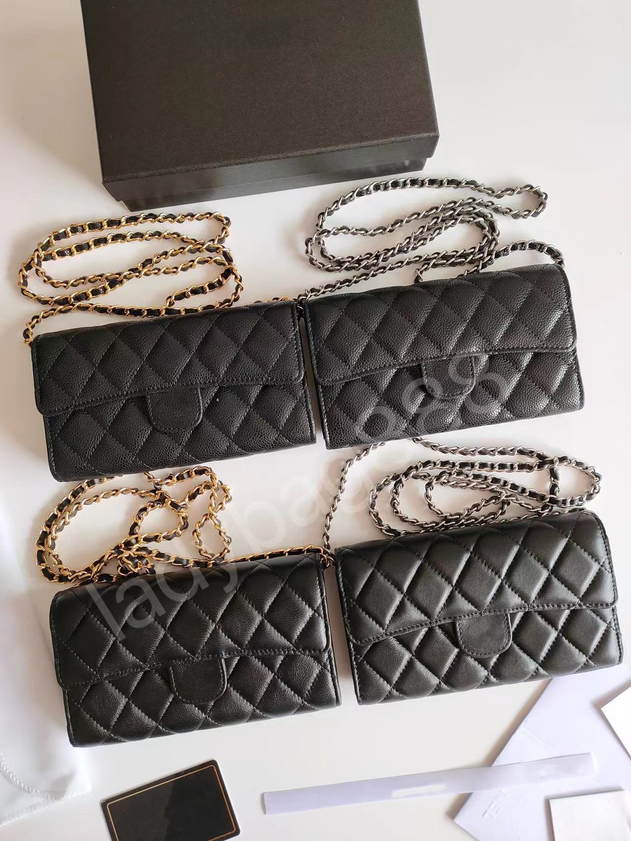 

Famous top designer Cc wallet card holder classic caviar sheepskin wallet, Sheepskin black silver buckle