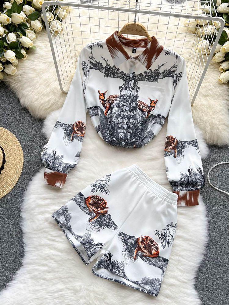 

Women's Tracksuits Banulin 2 Piece Outfits For Women Short Sets 2023 Spring Runway Vintage Print Blouse And Shorts Two Summer Set N3990, The picture color