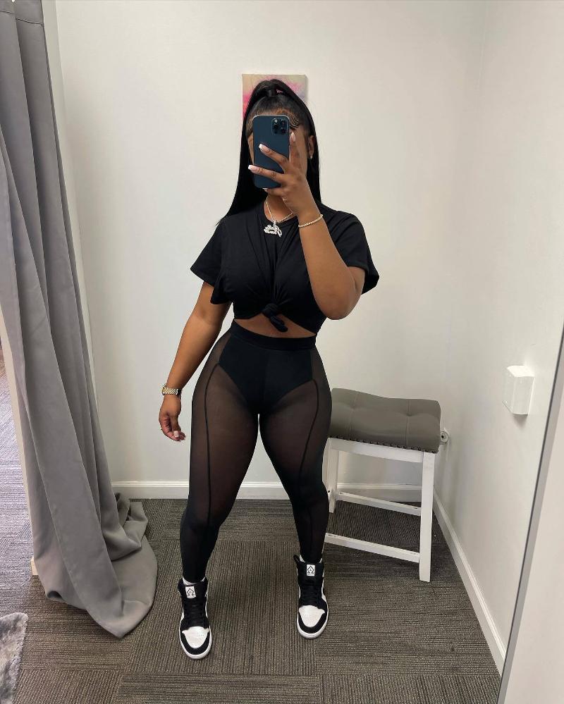 

Women's Two Piece Pants Sexy Womens Summer Peice Sets Solid Bodycon T-shirt Top And Patchwork Mesh See Through Legging Beach Outfits Suits, Gray