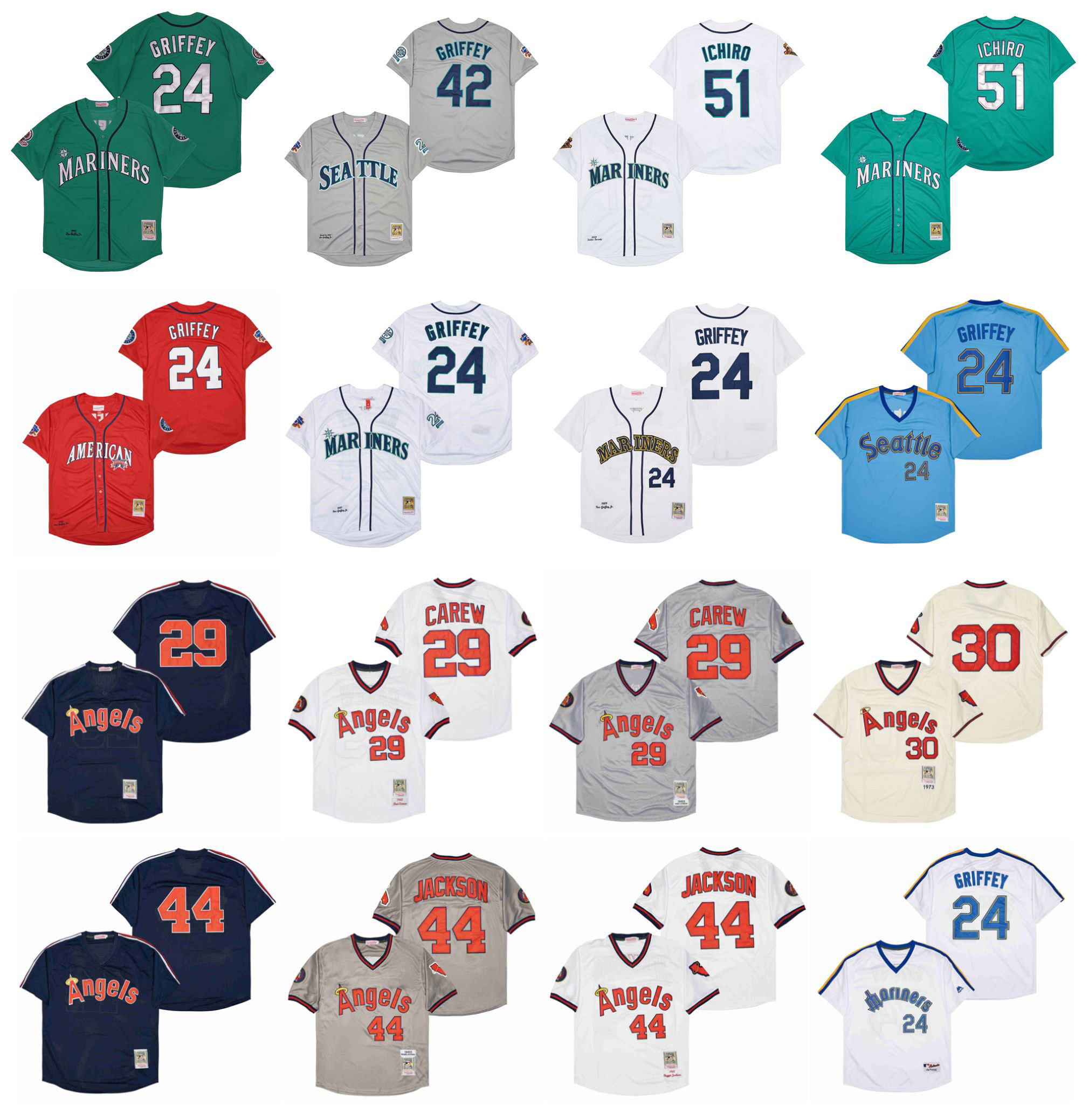 

Mitchell and Ness Throwback Angels 29 Rod Carew Baseball Jersey 30 Nolan Ryan Mariners 24 Ken Griffey 51 Ichiro Suzuki 44 Reggie Jackson, As pic