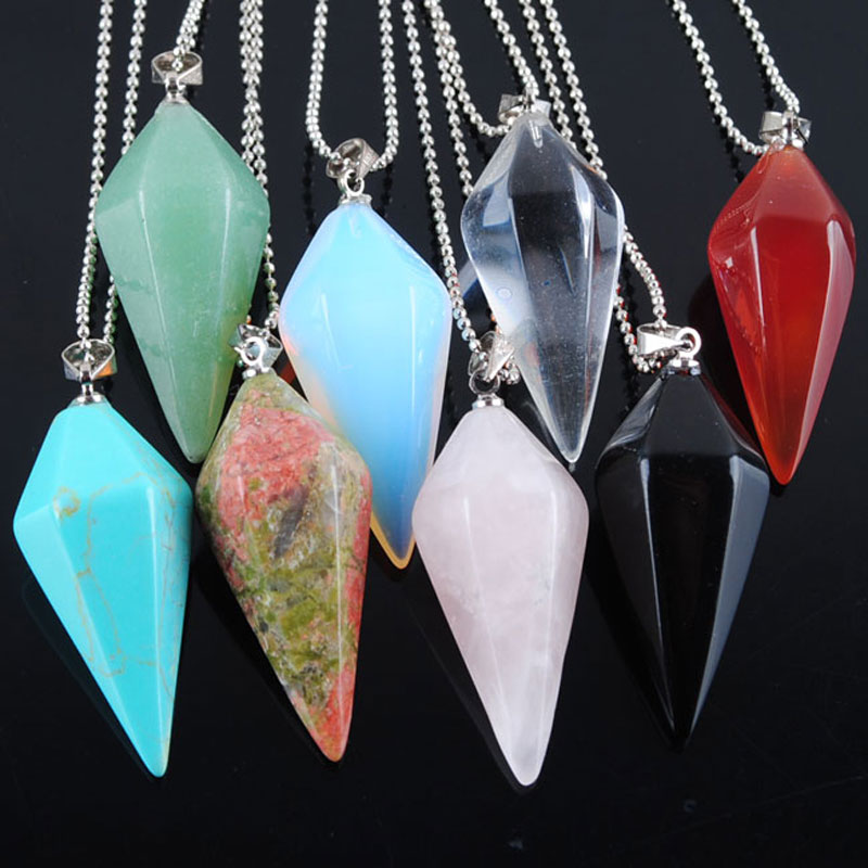 WOJIAER Natural Gem Stones Pendant & Necklace Hexagonal Pyramid Pointed Reiki Chakra Healing Beads Pink Purple Crystal BZ905-image-747594239