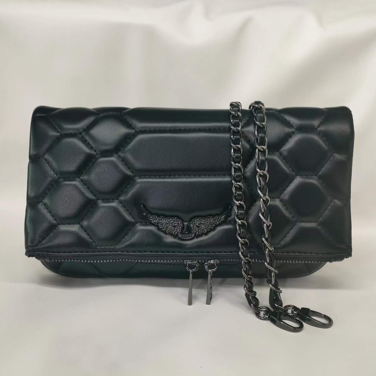 

Designer Womens Shoulder Bag Handbag Wings Diamond-ironing Fashion Messenger ZV Sheepskin Leather Crossbody Handbag Two Chain Ladies Clutch Hasp Bags, Black