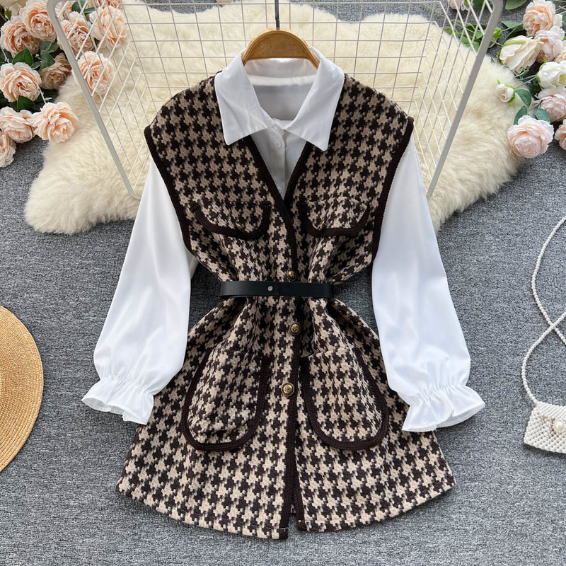 

Korean Fashion Two Piece Dress Set Turn Down Collar Solid Color Single-breastedTop Suit sleeveless Slim Plaid Belt Dress Outfits 2023, Same as picture