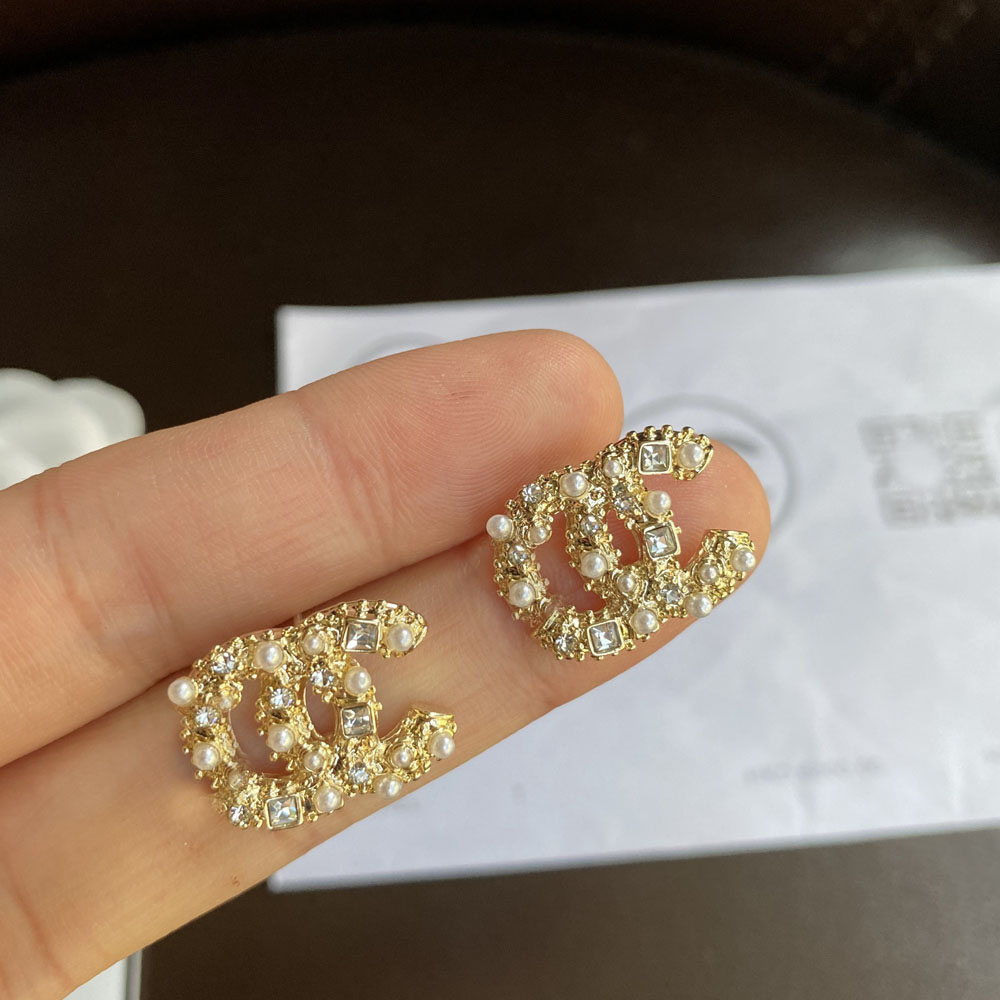 

Simple Brass Copper Real Gold Plated 925 Silver Luxury Brand Designers Letters Stud Geometric Famous Women Round Crystal Rhinestone Pearl Earring Wedding Jewerlry