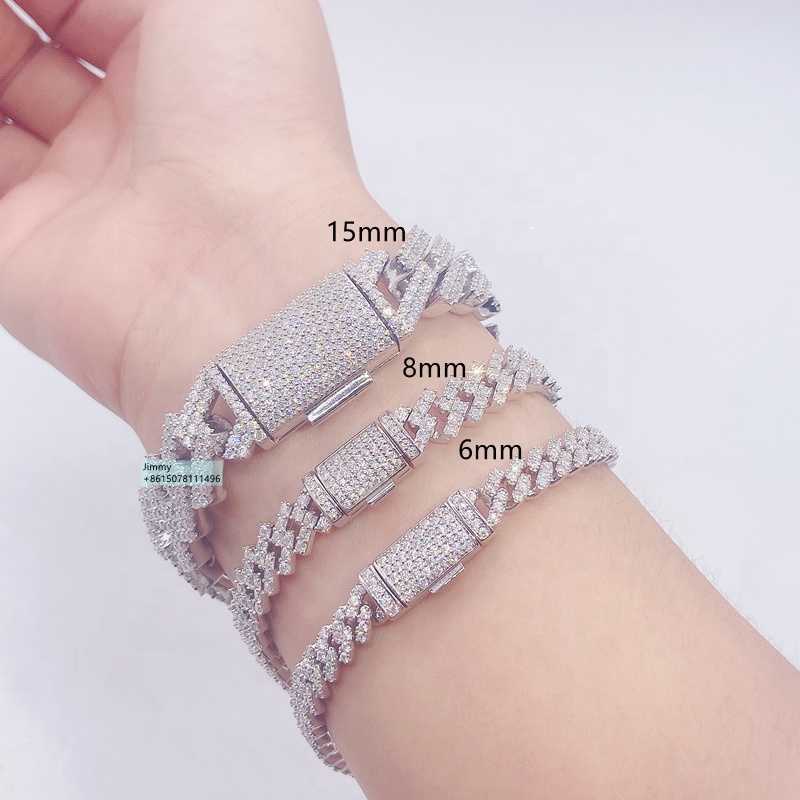 

Hip Hop Style Iced Out Jewelry 6mm 8mm 10mm 12mm 15mm Width 925 Sterling Silver Vvs Moissanite Cuban Link Chain Bracelet