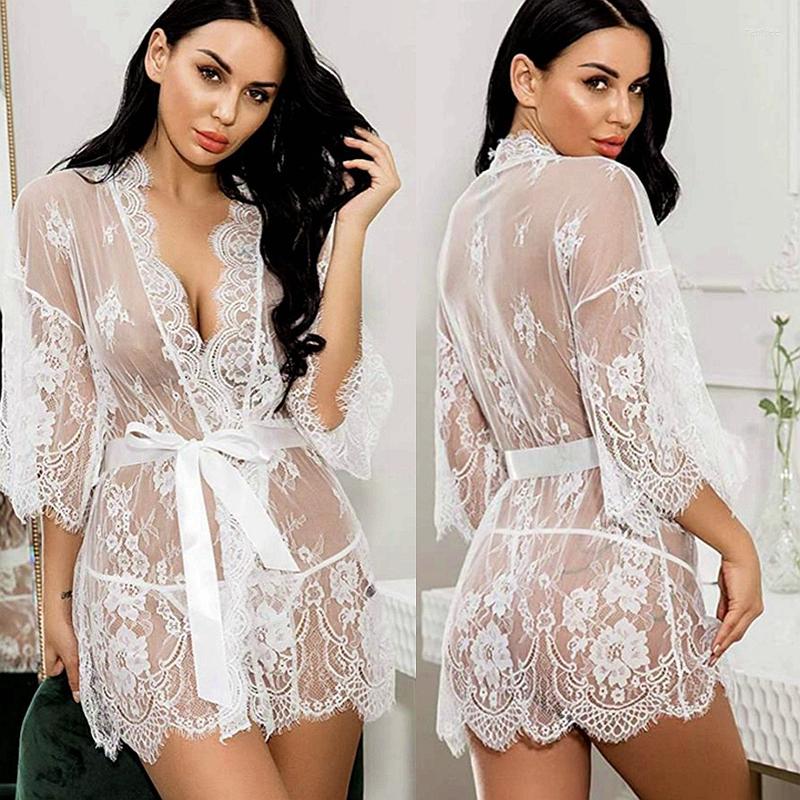 Women's Sleepwear Womens Lace Bridesmaid Robes Sex Bathrobe See Through Lingerie Porno Sexi Nightgowns Nightwear Nightie Underwear