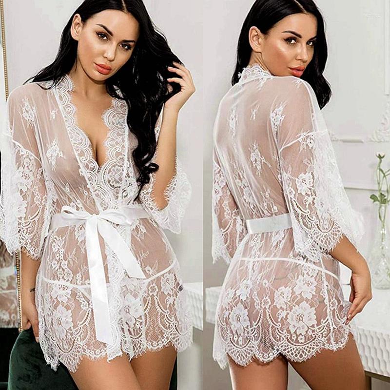 

Women's Sleepwear Womens Lace Bridesmaid Robes Sex Bathrobe See Through Lingerie Porno Sexi Nightgowns Nightwear Nightie Underwear, White