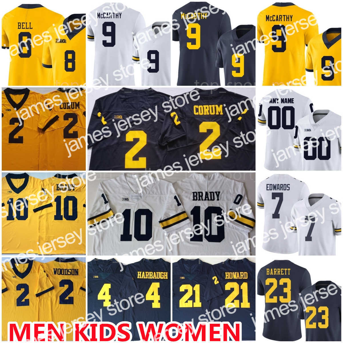 

American College Football Wear NCAA College Michigan Wolverines 9 JJ McCarthy Jerseys 2 Blake Corum 10 Tom Brady Donovan Edwards Ronnie Bell Howard Charles Woodson M, White