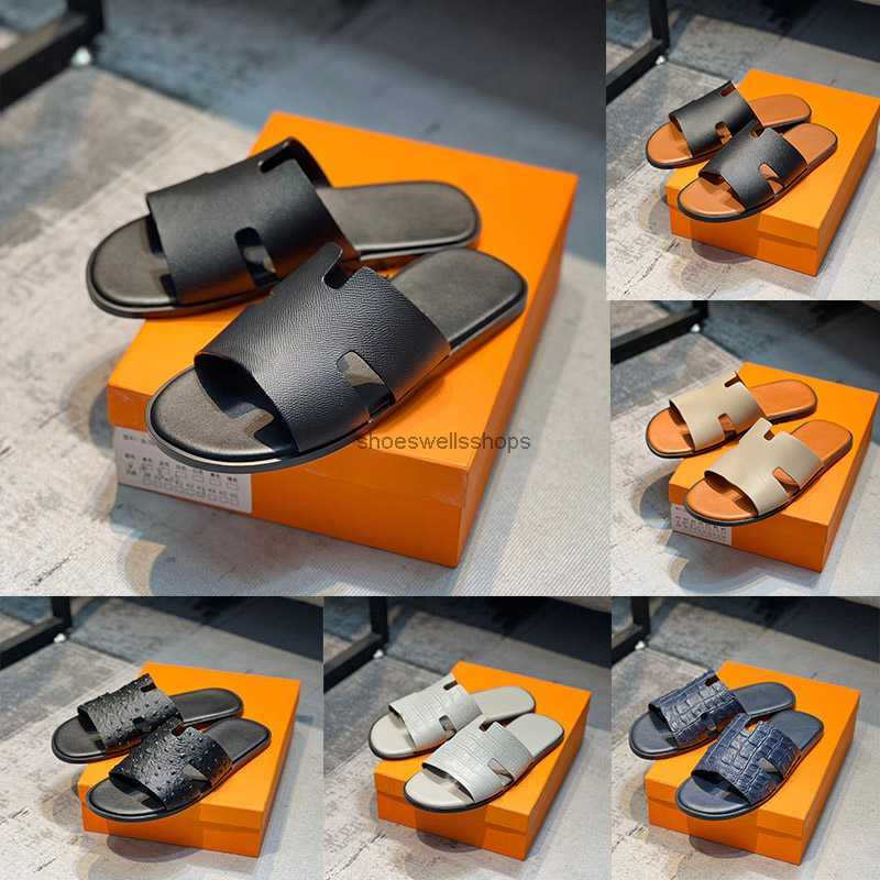 

Men Slippers Designer Leather Sandals Izmir Flip Flop Oran Heritage Calfskin Sandals Summer Lazy Large Beach Casual Slides, Color23