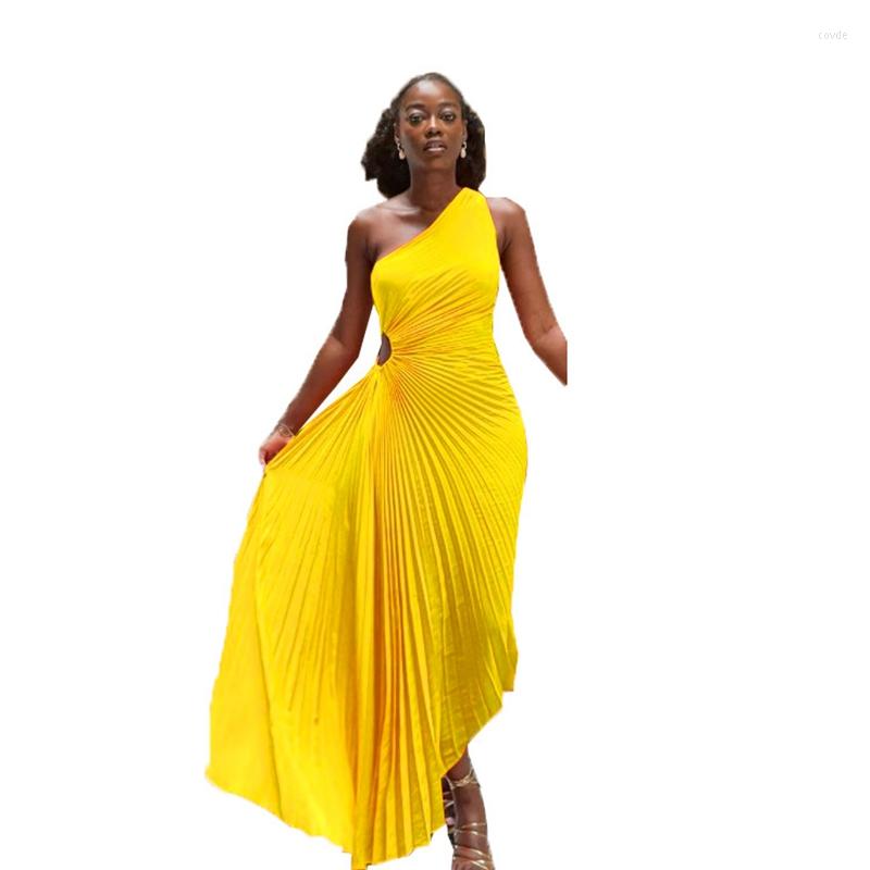 

Casual Dresses STYLISH LADY One Shoulder Pleated Dress 2023 Summer Women Sleeveless Irregular Hollow Out Long Maxi Club Party Vestido, Black
