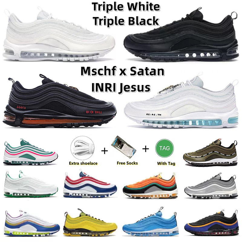 

Running Undefeated Max 97 Shoes Mens Women Air 97s Triple Black White Red Undftd Silver Bullet MSCHF x Satan INRI Jesus Reflective Bred, 27