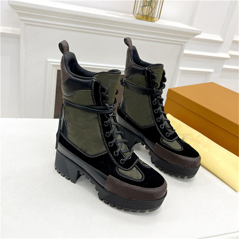 

2023 Designer Paris Laureate Platform Desert Boots Suede Calf Leather and Patent Canvas Back Loop Treaded Rubber Outsole Martin Winter Sneakers Size 35-43