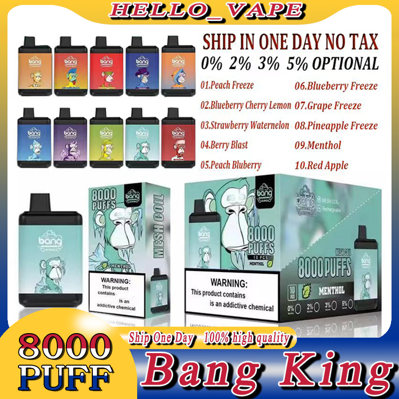 

Original Bang King 8000 Puffs Disposable Rechargeable Vape Pen Device E Cigarette 650mah 15ml Cartridges pod Mesh Coil 10 Flavors Vaporizers with Lanyard 0% 2% 3% 5%