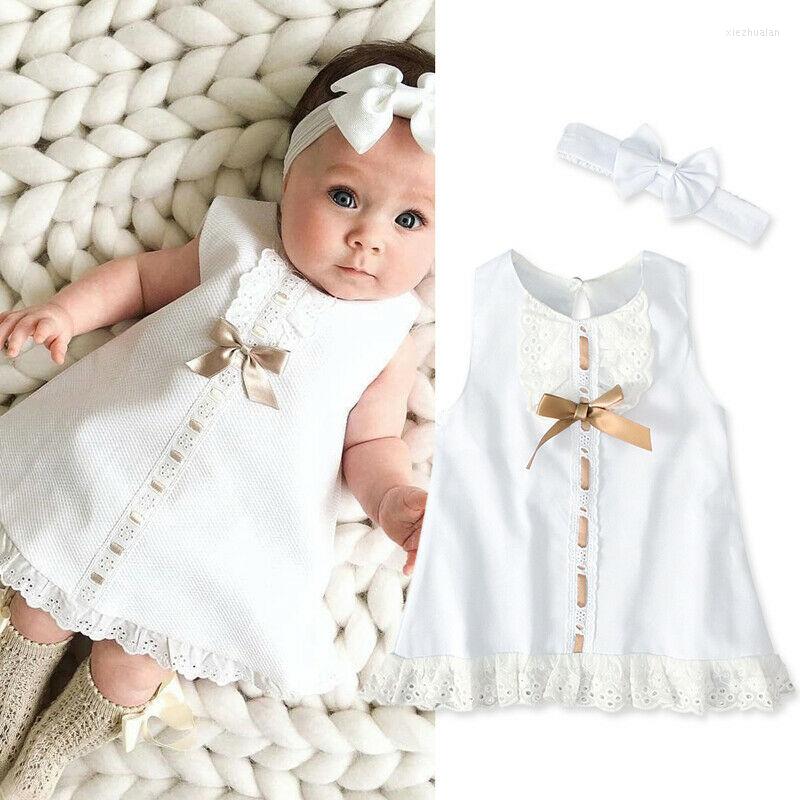 

Girl Dresses 2023 Baby Summer Clothing 0-24M Infant Born Lace Dress Sleeveless Bowknot Rib Solid White Shift Gown Headband