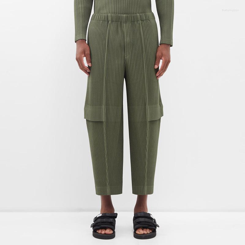 

Men's Pants Miyake Pleated Homme Men Cargo Black High Waist Ankle-Length
