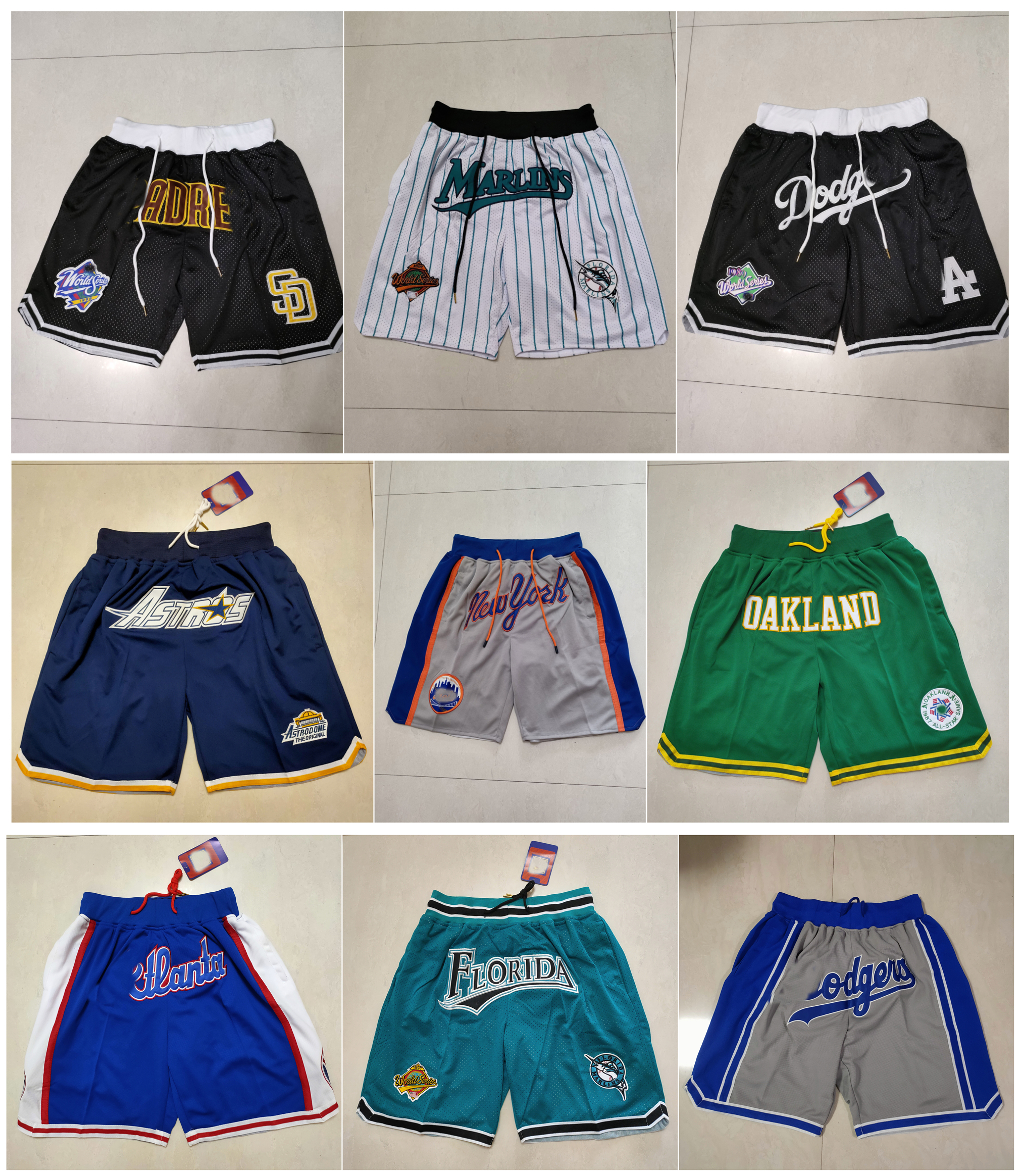 

2022 Team Baseball Dodgers Shorts Jersey Just Don Zipper Pocket Pants Zipper Marlins Shorts Size S-XXL, As pic