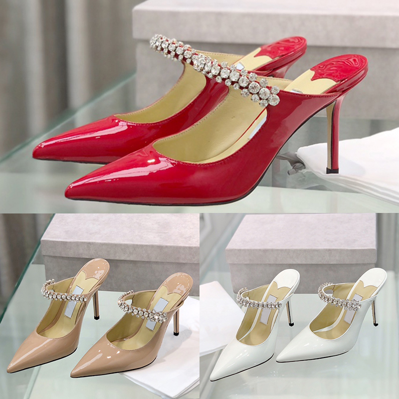 

With box London dress shoes Bing 100 85 65 Mules Crystal Strap Pumps linen black red patent suede high heel Height designer Wedding shoe fashion women party sneakers, Ballet pink patent heel height