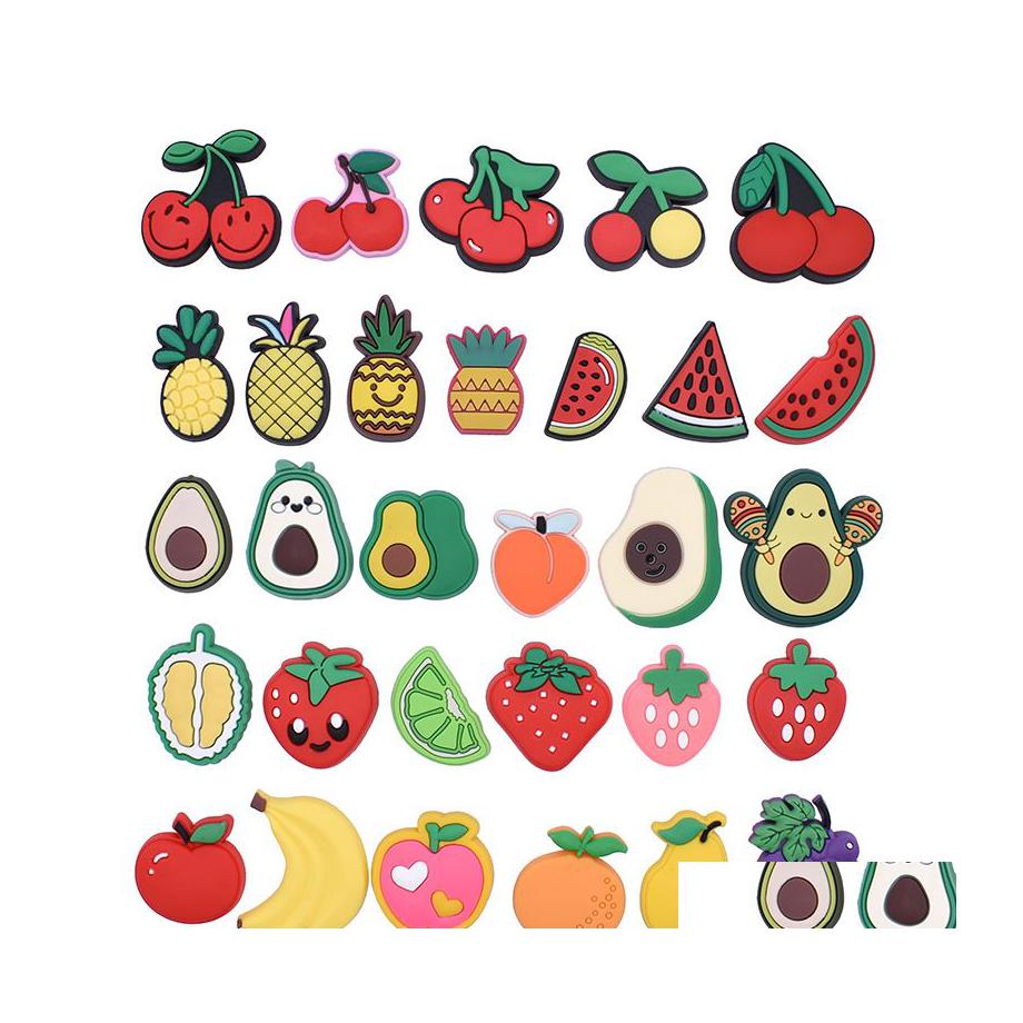 

Shoe Parts Accessories Charms Wholesale Childhood Memories Fruit Cherry Pineapple Cartoon Croc Pvc Decoration Buckle Soft Rubber C Dhkup, Red