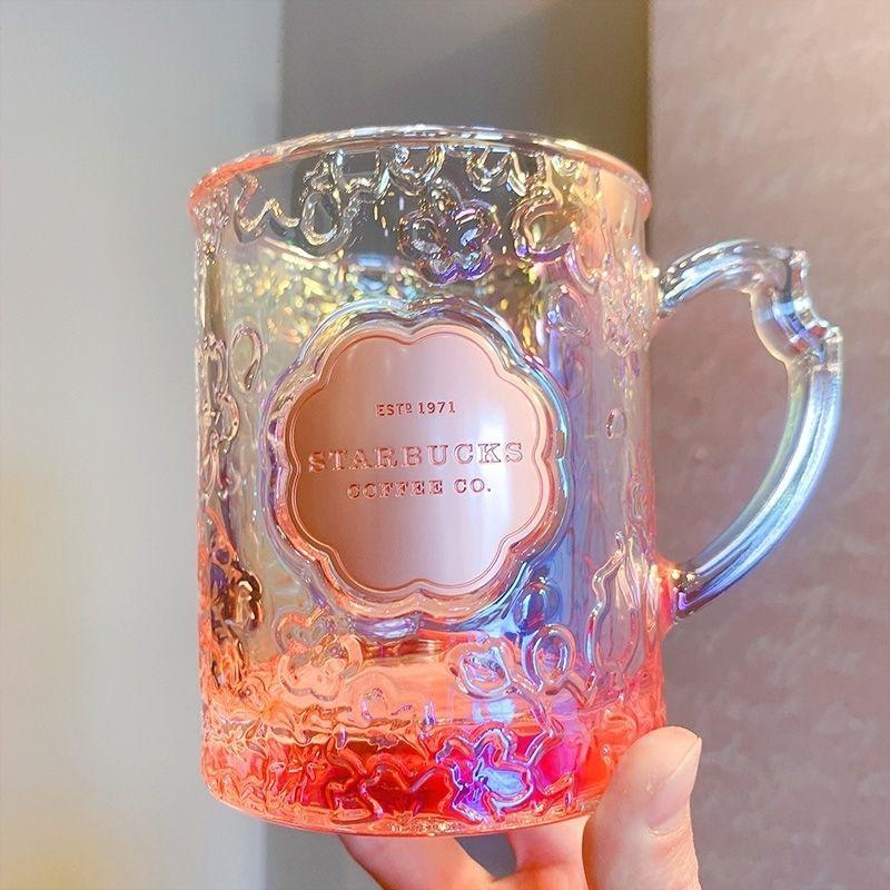 

Party Starbucks cup new cherry blossom blooming glass cup copper plate three-dimensional embossed illusion Valentine's Day girlfriend mug, Multi-color