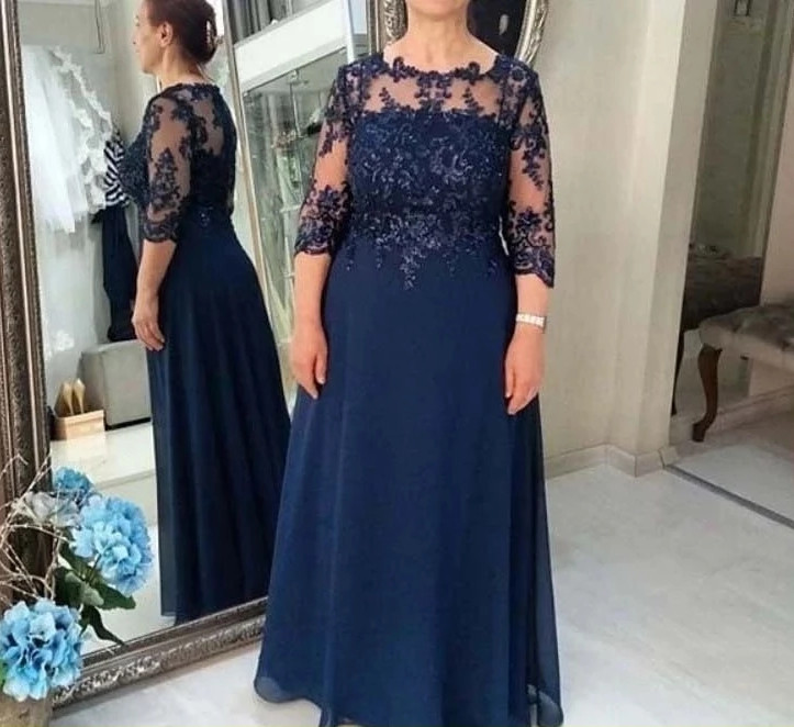 

Navy-Blue Mother Of The Bride Dresses A-line 3/4 Long Sleeves Chiffon Appliques Plus Sizes Floor Length Groom Evening Gown For Wedding 0109