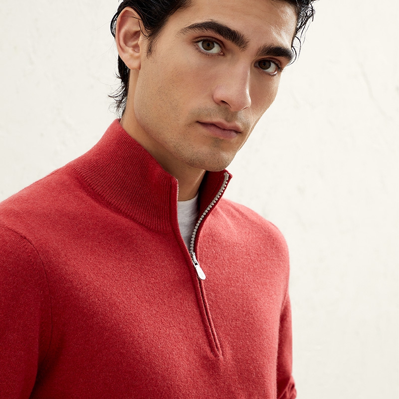 

Men Sweater Brunello Cucinelli Red Long Sleeve Cashmere Sweater Solid Color Pullover with Zipper, Yellow