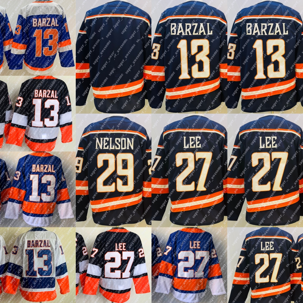 

13 Mathew Barzal Jersey 27 Anders Lee 29 Brock Nelson Hockey Jerseys Royal White BLANK Stitched, Navy reverse retro 2.0