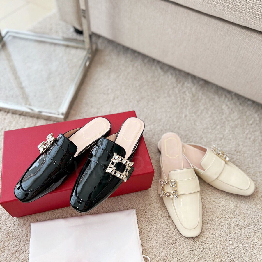 

2023 new slippers ladies sandals designer classic fashion leather square head flat heel belt buckle crystal Broche lazy one foot stirrups Lofts casual shoes 35-40, Black