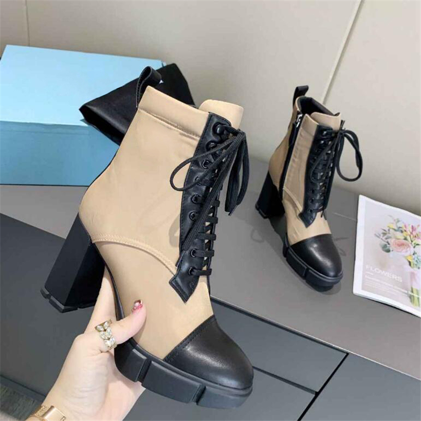 

Women Designer Brushed Leather Nylon Laced Fabric Boots Monolith Mini Bag Lug Sole Combat Women Ankle Biker Australia Platform Heels Sneakers Size 35-41