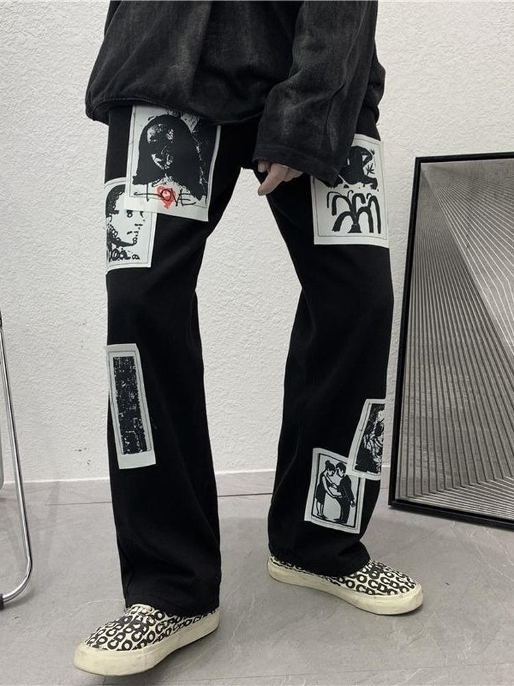

Men' Pants Goth Punk Men Casual Black Patch Wide Leg Pant Baggy High Street Trousers Anime Straight Bottoms Streetwear Women Clothes