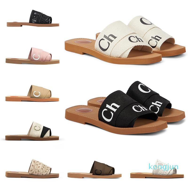 

designer Woody sandals for women Mules flat slides Light tan beige white black pink lace Lettering Fabric canvas slippers womens summer